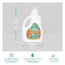 Un bidon de lessive liquide de la marque Kavee sur fond gris clair avec ses dimensions et avantages