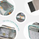 Gros plans sur le sac de transport gris de la marque Kavee montrant l'intérieur et l'extérieur du sac.