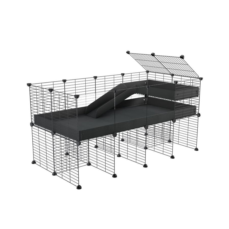 une kavee cage 4x2  avec panneaux transparents en plexiglass pour cochons d'inde avec rehausseur loft rampe coroplast noir et grilles fines petits trous