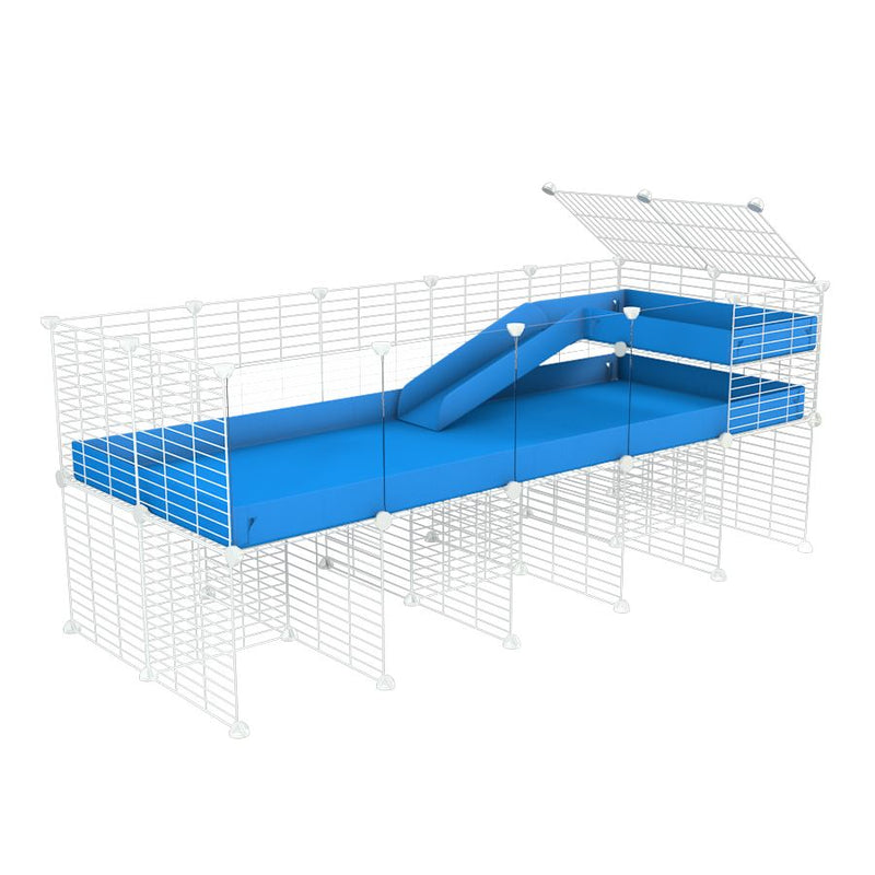 une kavee cage 5x2 avec panneaux transparents en plexiglass  pour cochons d'inde avec rehausseur loft rampe coroplast bleu et grilles blanches fines petits trous