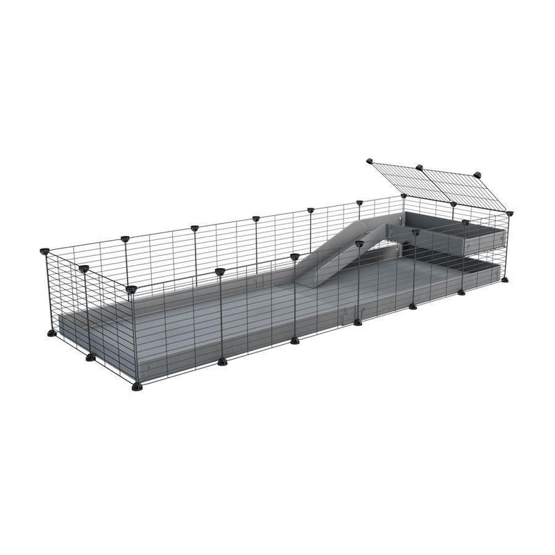 une cavy cage 6x2 pour cochons d'inde avec une rampe un loft un coroplast gris et grilles fines sans danger de kavee