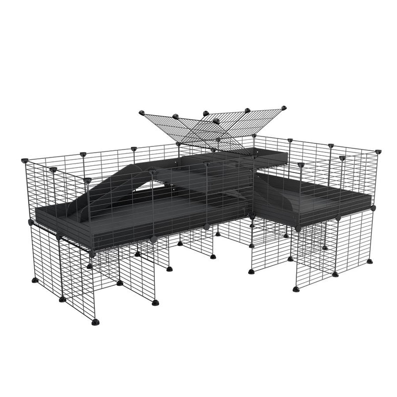 une cavy cage 6x2 en L avec stand et loft avec separation pour cochons d'inde qui se battent ou en quarantaine avec coroplast noir kavee