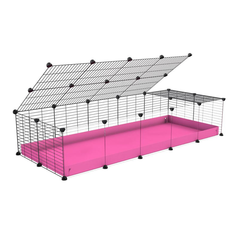 une cavy cage 5x2 pour cochons d'inde avec panneaux transparents en plexiglass avec couvercle coroplast rose et grilles avec barreaux etroits de kavee
