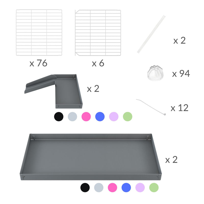 composition du kit pour une cavy cage blanche de quarantaine 8x2 de coin avec stand et loft couvercle pour cochons d'inde kavee incluant grilles et coroplast et connecteurs