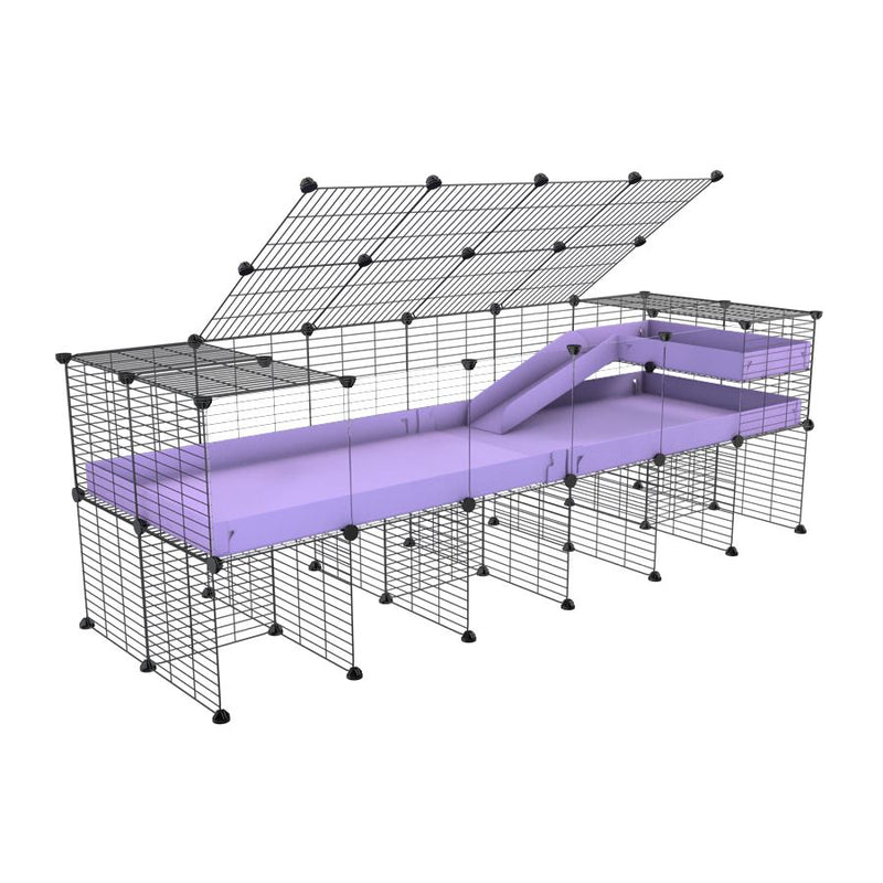 une kavee cage 6x2 avec panneaux transparents en plexiglass  pour cochons d'inde avec rehausseur couvercle loft rampe coroplast violet lilas et grilles fines