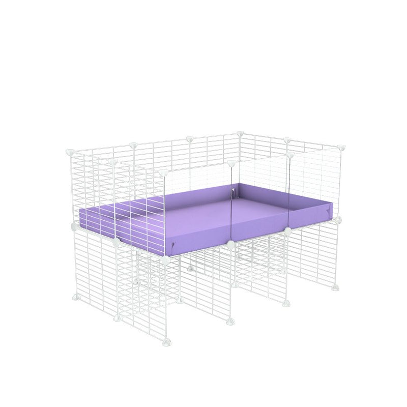 une kavee cage C&C 3x2 avec panneaux transparents en plexiglass  pour cobayes cochons d'inde avec rehausseur correx violet lilas et grilles blanches fines