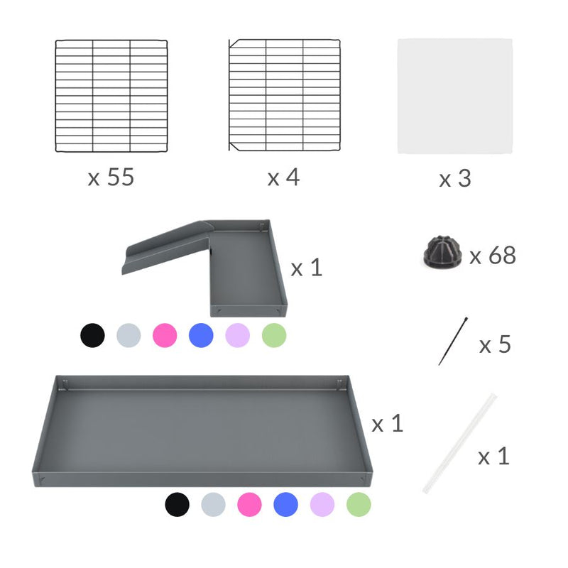 materiel pour une kavee cage 4x2 avec panneaux transparents en plexiglass pour cochons d'inde avec double rehausseur couvercle loft rampe coroplast vert pastel et grilles fines