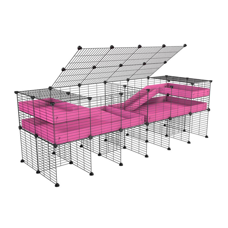 une cavy cage 6x2 stand loft avec couvercle et separation pour cochons d'inde qui se battent ou en quarantaine avec coroplast rose kavee