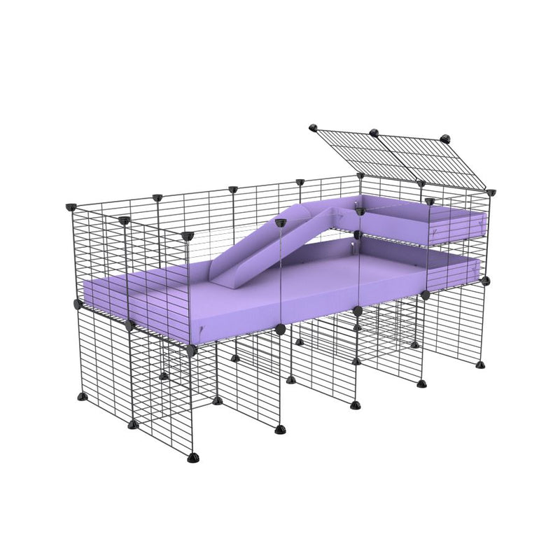 une kavee cage 4x2  avec panneaux transparents en plexiglass pour cochons d'inde avec rehausseur loft rampe coroplast violet lilas et grilles fines petits trous