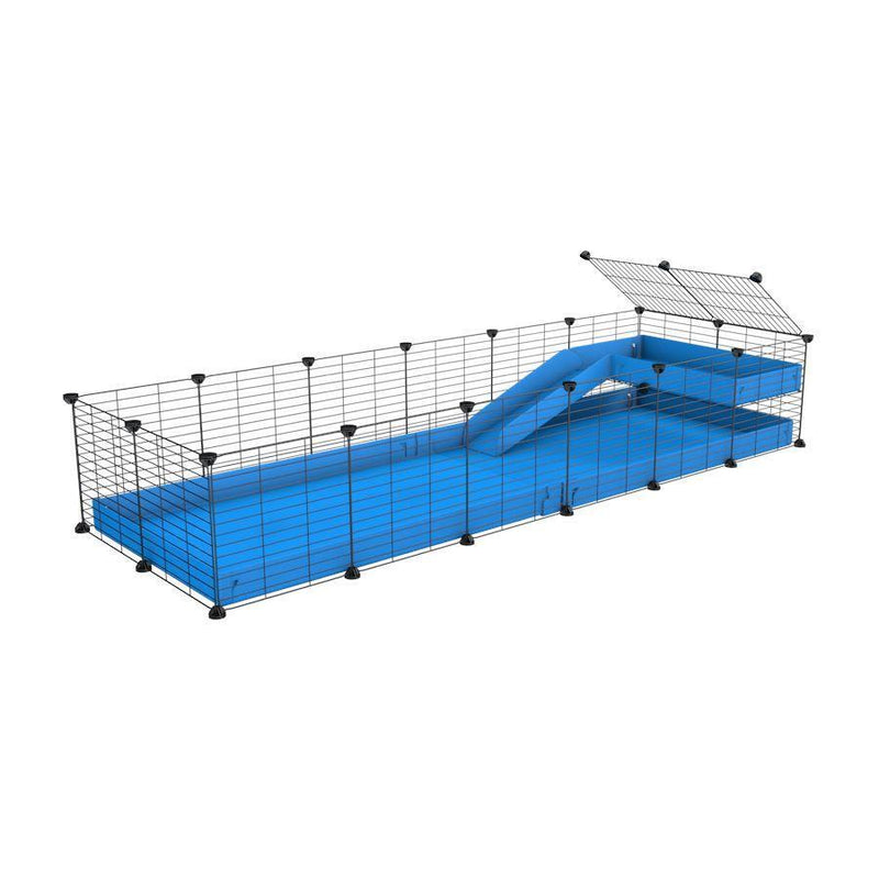 une kavee cage 6x2 pour cochons d'inde avec une rampe un loft un coroplast bleu et grilles fines sans danger
