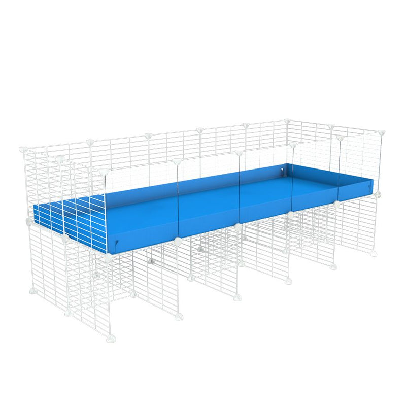 une cavy cage C&C 5x2 avec panneaux transparents en plexiglass  pour cobayes cochons d'inde avec rehausseur correx bleu et grilles blanches fines de kavee france