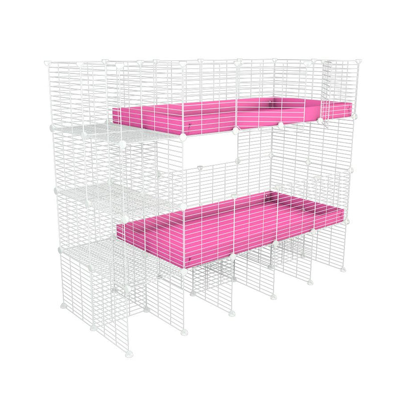 Une cavy cage double blanche deux etages 4x2 pour cochons d'inde avec etageres et stand coroplast rose Kavee