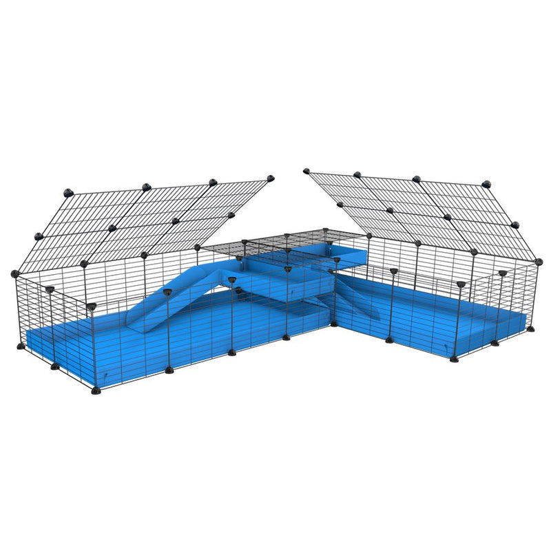 une cavy cage 8x2 de coin avec loft avec couvercle et separation pour cochons d'inde qui se battent ou en quarantaine avec coroplast bleu kavee