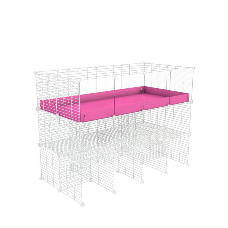 une cavy cage 4x2 pour cochons d'inde avec panneaux transparents en plexiglass avec double rehausseur correx rose et grilles blanches a petits trous de kavee france