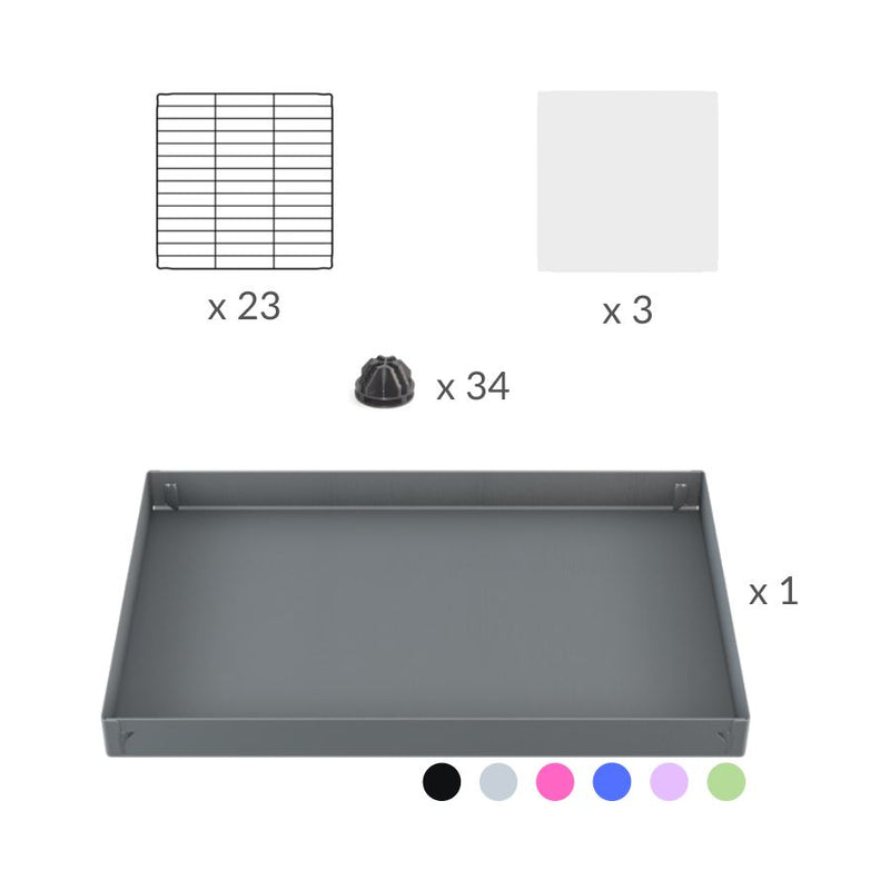 materiel pour une cavy cage C&C 3x2  avec panneaux transparents en plexiglass pour cobayes cochons d'inde avec rehausseur correx gris et grilles fines de kavee france