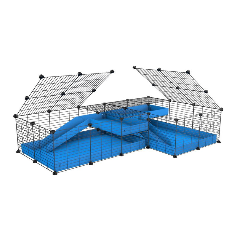 une cavy cage 6x2 en L avec loft avec couvercle et separation pour cochons d'inde qui se battent ou en quarantaine avec coroplast bleu kavee