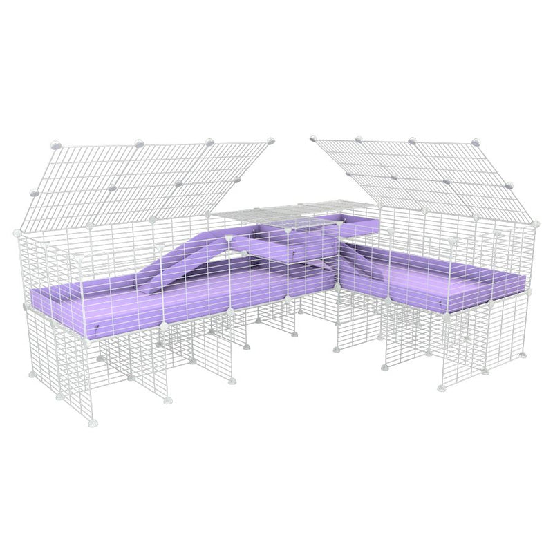 une cavy cage blanche 8x2 de coin avec stand et loft avec couvercle et separation pour cochons d'inde qui se battent ou en quarantaine avec coroplast lilas violet kavee