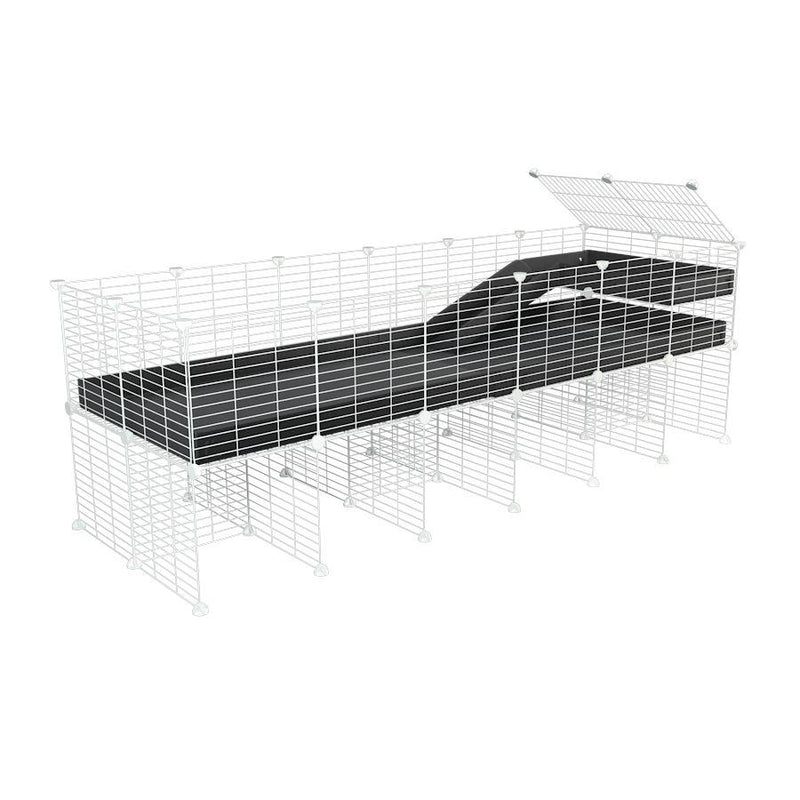 une kavee cage 6x2 pour cochons d'inde avec rehausseur loft rampe coroplast noir et grilles blanches a petits trous