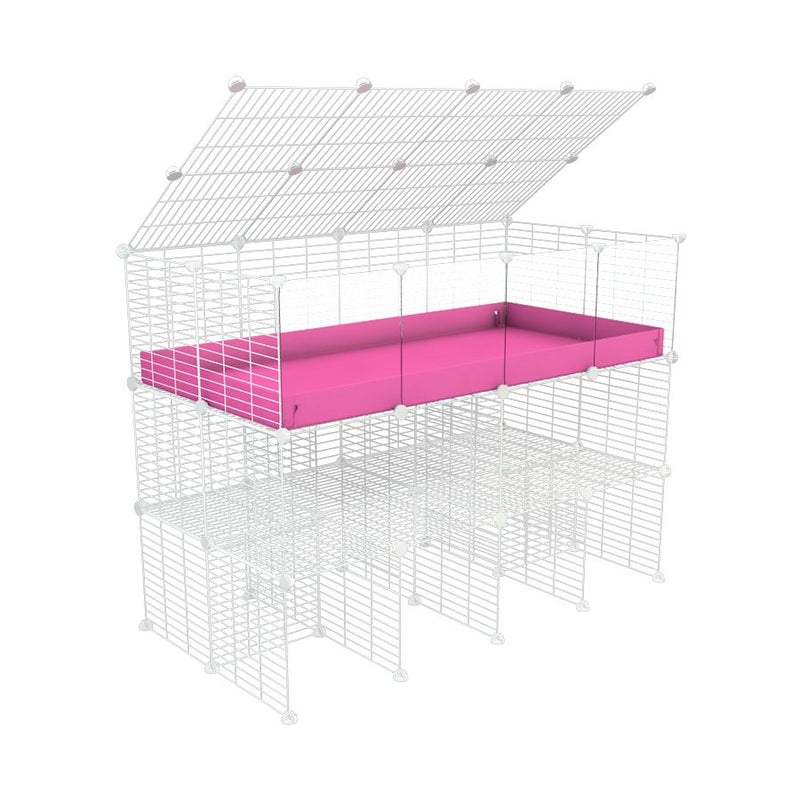 une kavee cage C&C 4x2 avec panneaux transparents en plexiglass  pour cobayes cochons d'inde avec double rehausseur correx rose et grilles blanches maillage fin