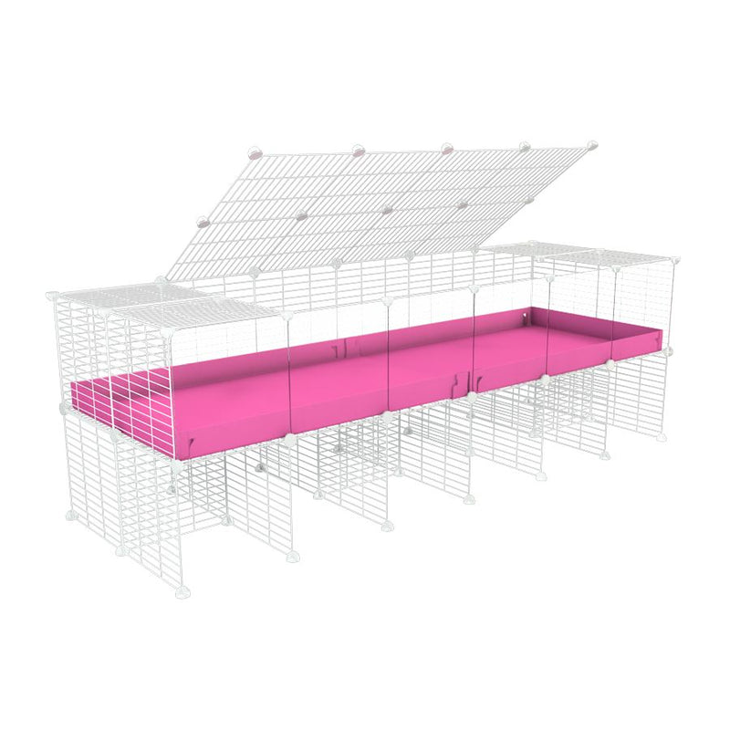 une kavee cage 6x2 avec panneaux transparents en plexiglass  pour cochons d'inde avec rehausseur couvercle correx rose et grilles blanches fines
