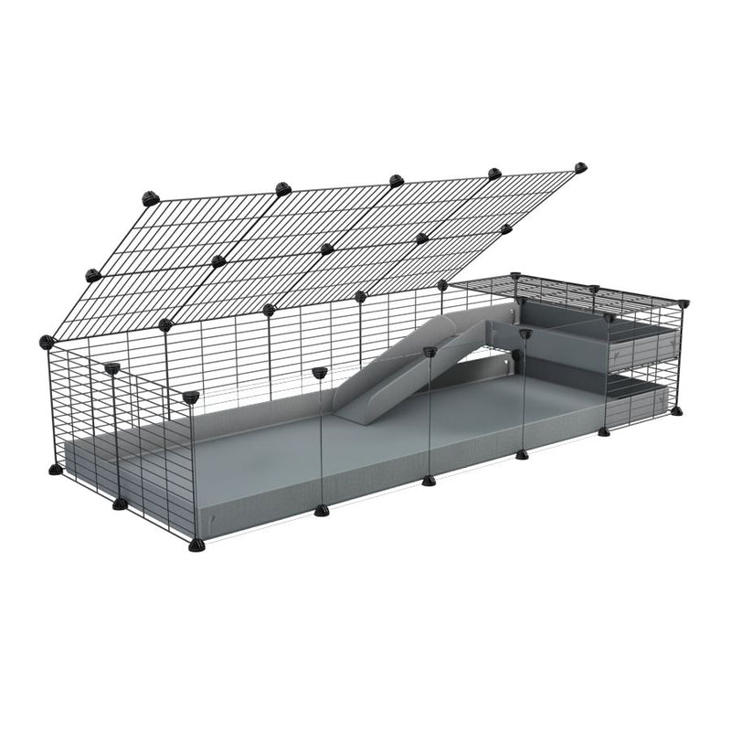 une cavy C&C cage 5x2  avec panneaux transparents en plexiglass pour cochons d'inde avec une rampe un loft un couvercle un coroplast gris et grilles fines pour bebes