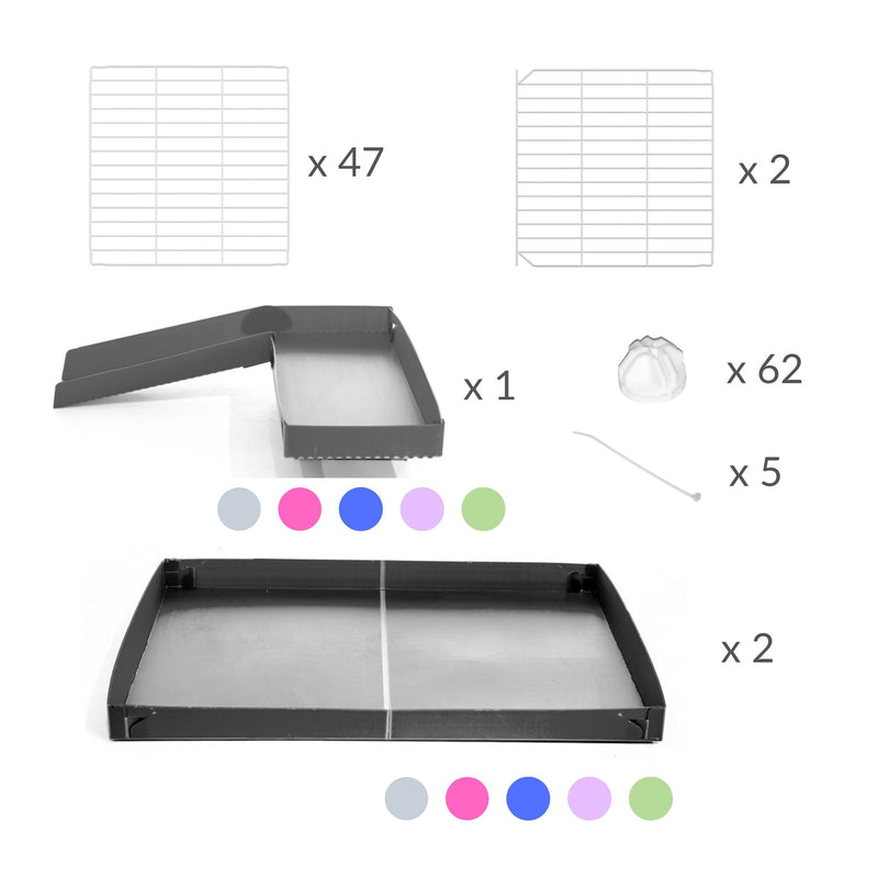 Composition d'une cavy cage 6x2 pour cochons d'inde avec rehausseur loft rampe coroplast gris et grilles blanches de kavee  