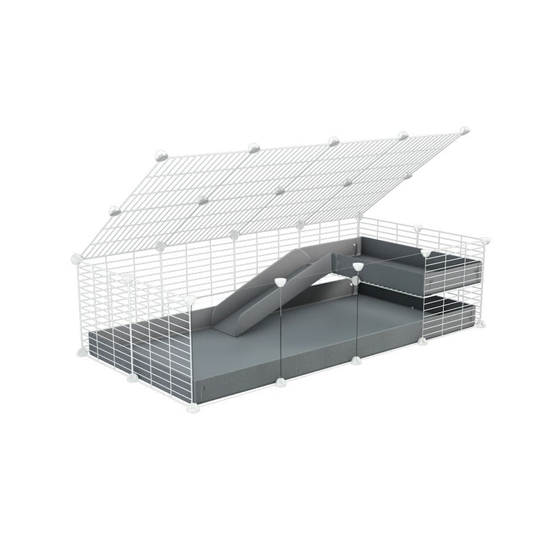 une cavy C&C cage 4x2 avec panneaux transparents en plexiglass  pour cochons d'inde avec une rampe un loft un couvercle un coroplast gris et grilles blanches