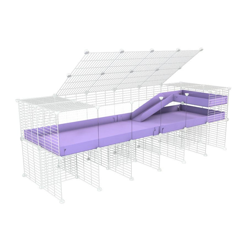 une kavee cage 6x2 avec panneaux transparents en plexiglass  pour cochons d'inde avec rehausseur couvercle loft rampe coroplast violet lilas et grilles blanches fines