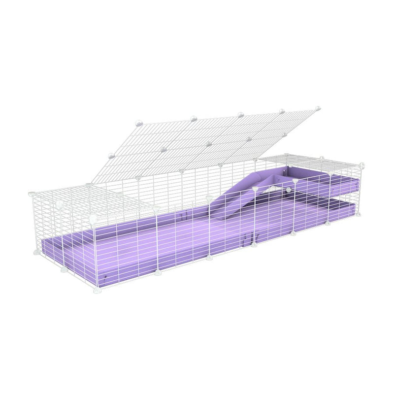 une C&C kavee cage 6x2 pour cochons d'inde avec une rampe un loft un toit un coroplast violet lilas et grilles blanches