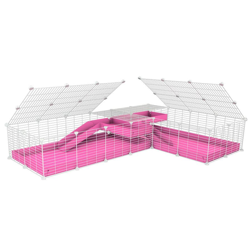 une cavy cage blanche 8x2 de coin avec loft avec couvercle et division pour cochons d'inde qui se battent ou en quarantaine avec coroplast rose kavee