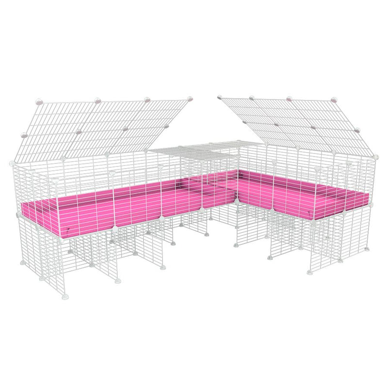 une cavy cage blanche 8x2 en L avec stand avec couvercle et division pour cochons d'inde qui se battent ou en quarantaine avec coroplast rose kavee