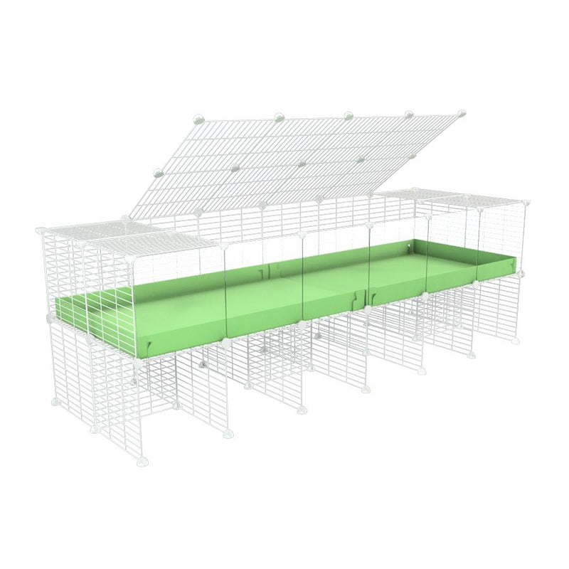 une cavy cage 6x2 avec panneaux transparents en plexiglass  pour cochons d'inde avec rehausseur couvercle correx vert pistache et grilles blanches fines de kavee