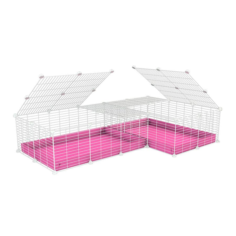 une cavy cage blanche 6x2 en L avec couvercle et separation pour cochons d'inde qui se battent ou en quarantaine avec coroplast rose kavee