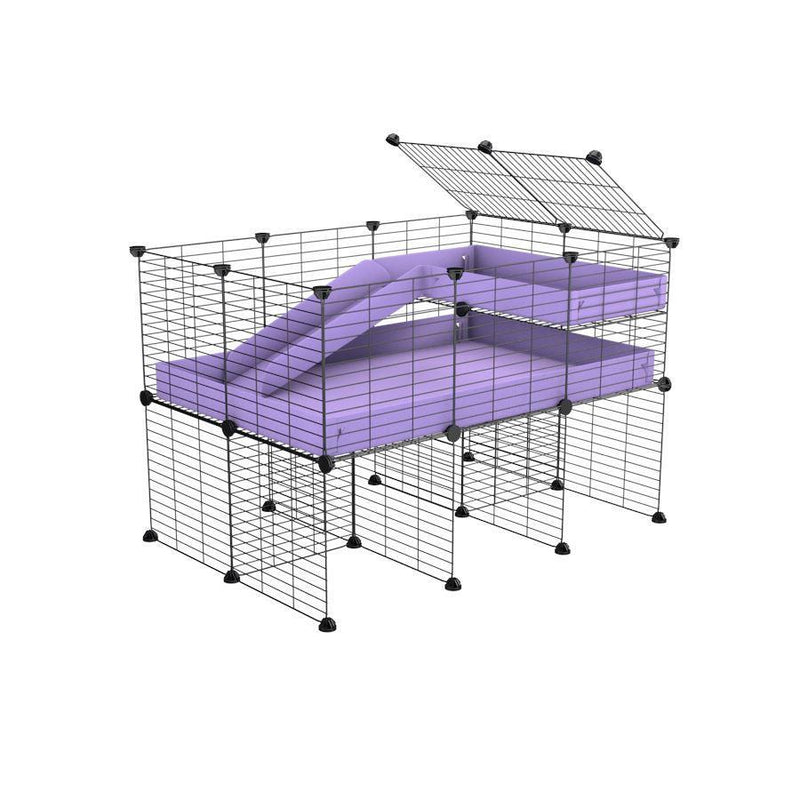 une cavy cage 3x2 pour cochons d'inde avec rehausseur loft rampe coroplast lilas et grilles avec petits trous de kavee