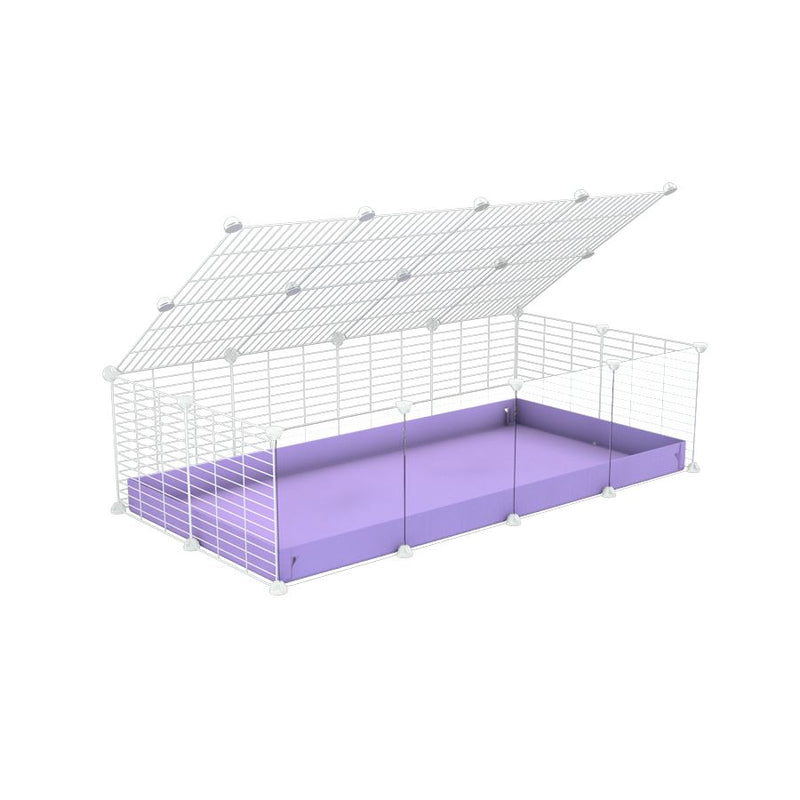 une kavee cage 4x2 pour cochons d'inde avec panneaux transparents en plexiglass avec couvercle coroplast violet lilas et grilles blanches avec barreaux etroits