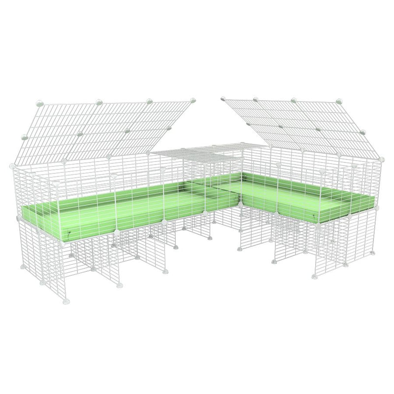 une cavy cage blanche 8x2 en L avec stand avec couvercle et division pour cochons d'inde qui se battent ou en quarantaine avec coroplast vert kavee