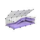 une cavy cage 4x2  avec panneaux transparents en plexiglass pour cochons d'inde avec une rampe un loft un couvercle un coroplast lilas et grilles pour bebes