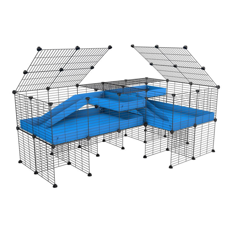 une cavy cage 6x2 en L avec stand et loft avec couvercle et separation pour cochons d'inde qui se battent ou en quarantaine avec coroplast bleu kavee