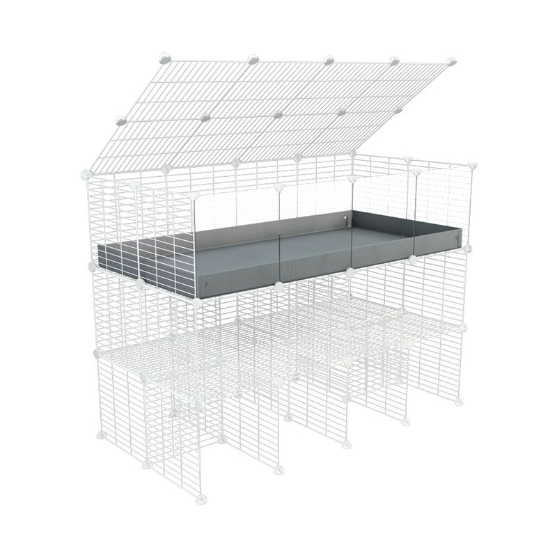 une kavee cage C&C 4x2  avec panneaux transparents en plexiglass pour cobayes cochons d'inde avec double rehausseur correx gris et grilles blanches maillage fin