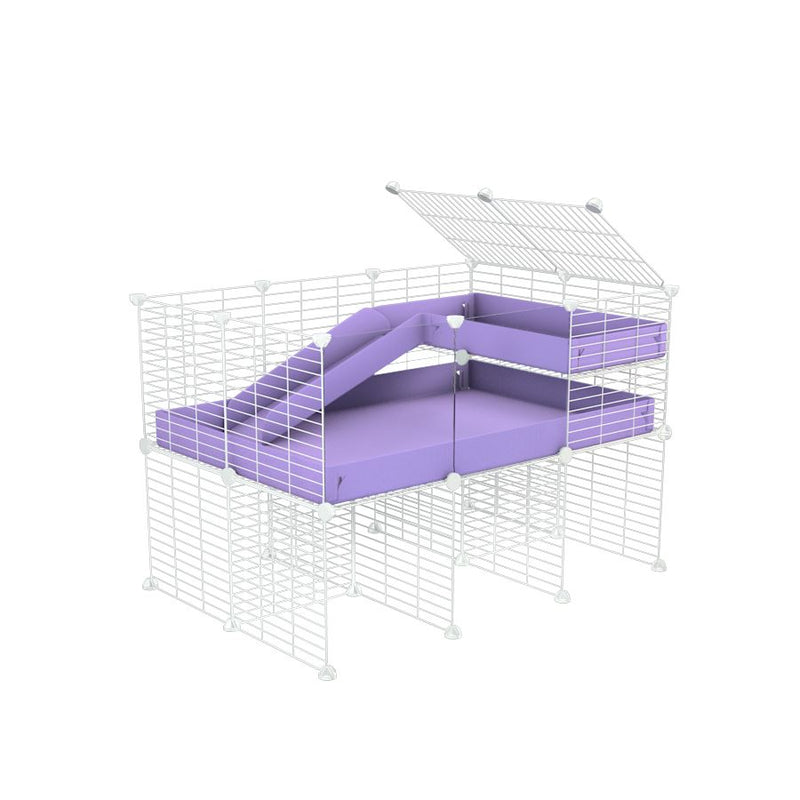 une kavee cage 3x2 avec panneaux transparents en plexiglass  pour cochons d'inde avec rehausseur loft rampe coroplast lilas et grilles blanches a petits trous