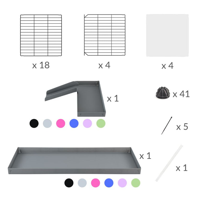 materiel pour une cavy C&C cage 5x2  avec panneaux transparents en plexiglass pour cochons d'inde avec une rampe un loft un couvercle un coroplast gris et grilles fines pour bebes