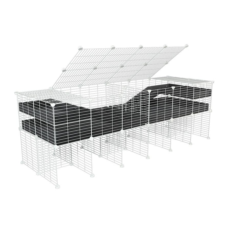 une cavy cage blanche 6x2 stand loft avec couvercle et separation pour cochons d'inde qui se battent ou en quarantaine avec coroplast noir kavee