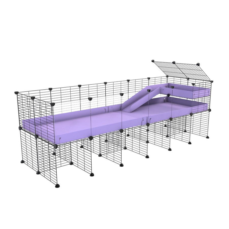 une kavee cage 6x2 avec panneaux transparents en plexiglass  pour cochons d'inde avec rehausseur loft rampe coroplast violet lilas et grilles fines petits trous