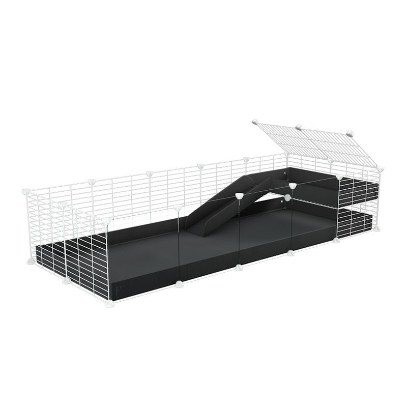 une kavee cage 5x2 avec panneaux transparents en plexiglass  pour cochons d'inde avec une rampe une mezzanine un coroplast noir et grilles blanches sans danger