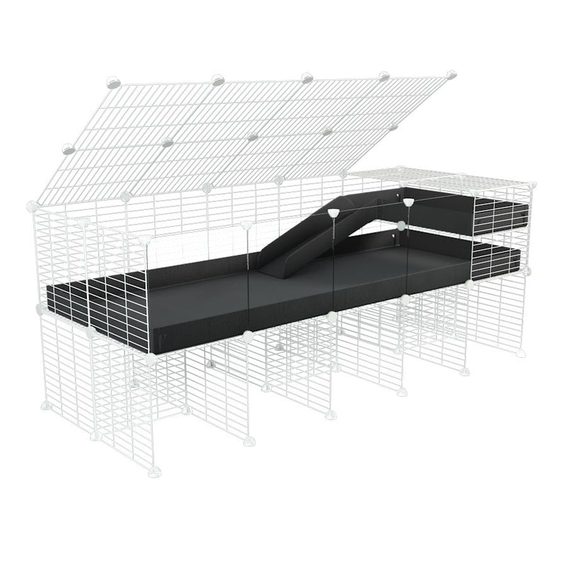 une cavy cage 5x2 avec panneaux transparents en plexiglass  pour cochons d'inde avec rehausseur couvercle loft rampe coroplast noir et grilles blanches kavee