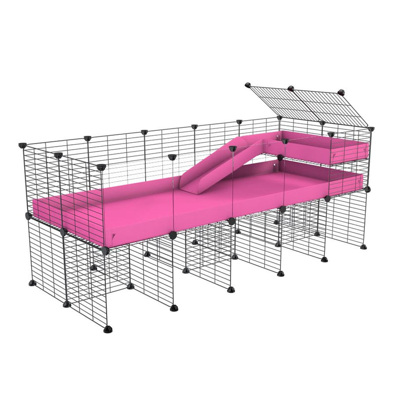 une cavy cage 5x2  avec panneaux transparents en plexiglass pour cochons d'inde avec rehausseur loft rampe coroplast rose et grilles fines petits trous de kavee france