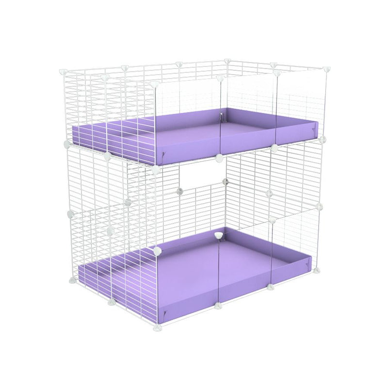 Une kavee cage double deux etages 3x2 avec panneaux transparents en plexiglass  pour cochons d'inde avec coroplast violet et grilles blanches avec petits trous