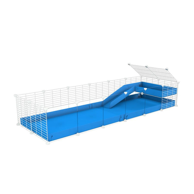 une kavee cage 6x2 avec panneaux transparents en plexiglass  pour cochons d'inde avec une rampe un loft un coroplast bleu et grilles blanches fines sans danger
