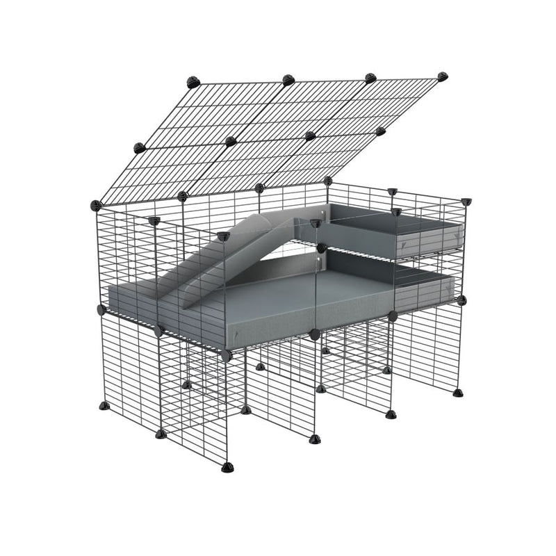 une kavee cage 3x2 avec panneaux transparents en plexiglass  pour cochons d'inde avec rehausseur couvercle loft rampe coroplast gris et grilles fines