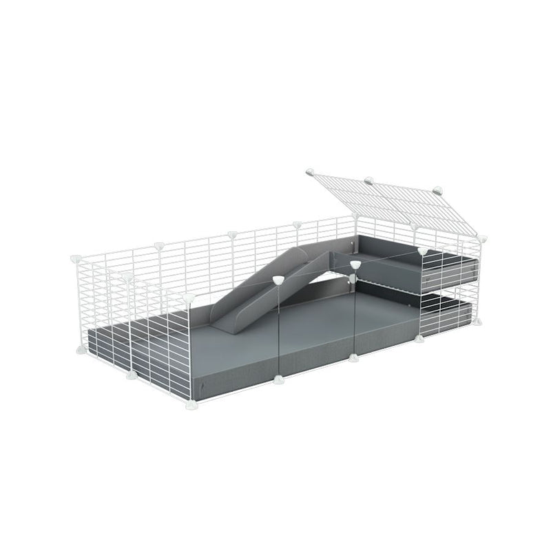 une cavy cage 4x2 avec panneaux transparents en plexiglass  pour cochons d'inde avec une rampe un loft un coroplast gris et grilles blanches fines sans danger de kavee